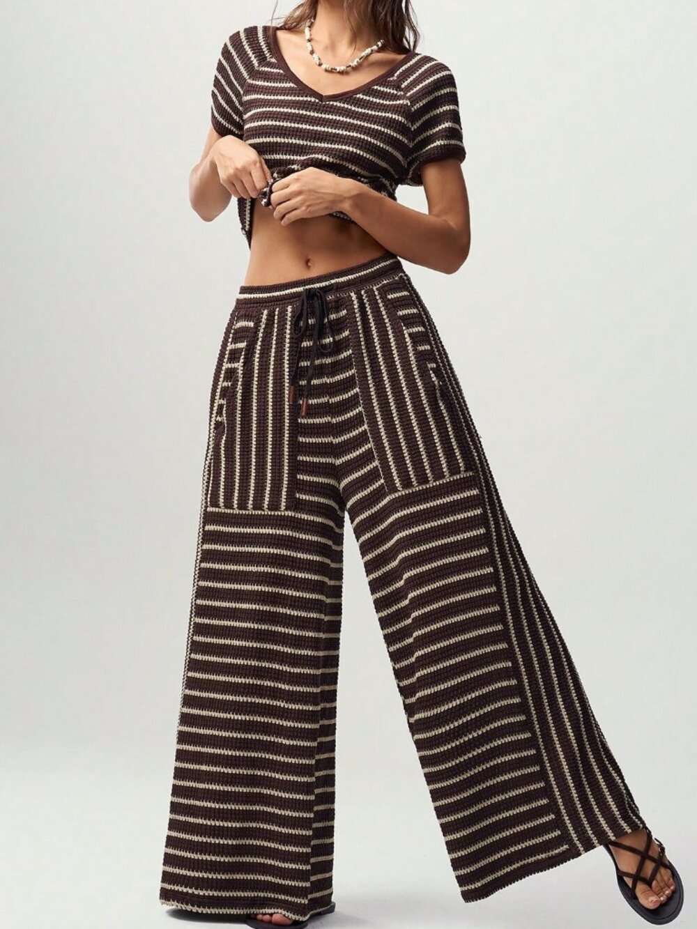 Coffee Brown Casual Women's Boho Knit Stripe V-Neck T-Shirt Long Pants Set